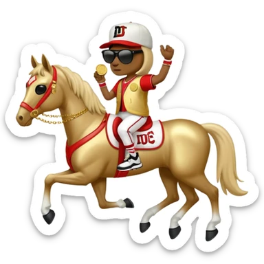 anthropomorphised horse dressed like a member of RUN DMC, hip-hop outfit, gold medal, baseball hat, sunglasses sticker