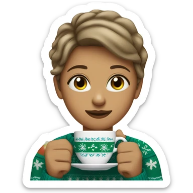 Light brown short haired girl with green eyes drinking coffee wearing blue Christmas sweater sticker