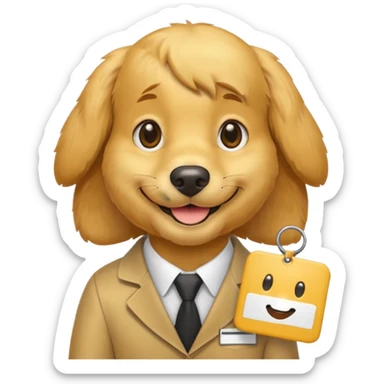 golden retriever receptionist emoji, wearing a name tag, friendly face, minimal details sticker