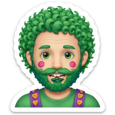 very colorful puffy green curly haired man just beard  no mustache made out of candy wearing teeth-braces and excessive face tattoos just face  sticker