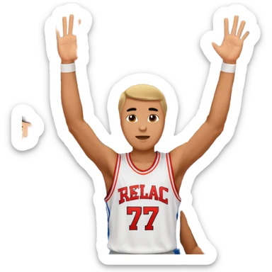 Maverick Trevillian in the crowd at an amateur basketball game. He leans towards the camera and enthusiastically shouts "six seven while performing a distinctive hand gesture: both hands open, palms facing upward, moving up and down as if weighing two options. sticker