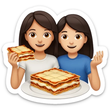 tan girl with dark hair and white guy with dark hair eating lasagna together sticker