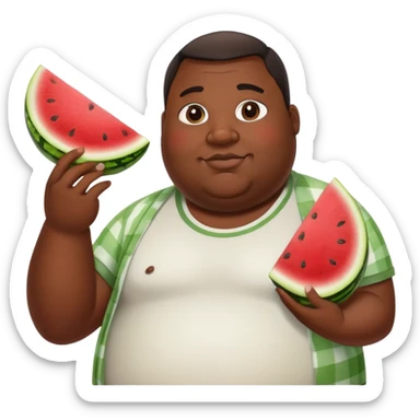 fat black man holding a chicken wing in his right hand and a watermelon slice in his left sticker