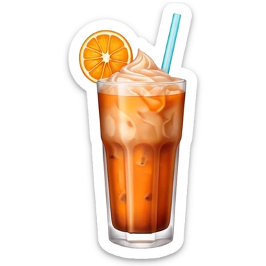 Cinematic Realistic Thai Ice Tea Drink Emoji, depicted as a chilled glass of sweet, creamy iced tea rendered with vivid textures and refreshing, dynamic lighting. sticker