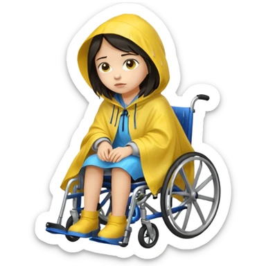 Girl with dark hair  in a wheelchair with rain poncho sad with raining  sticker