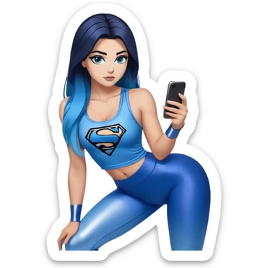 looking up at the sky-texting on phone-very very very large upper body-sexy face-bending forward at waist-very long very straight dark blue to light blue ombre hair-and-blue eyes-thick black eyeliner-thick long eyelashes-iridescent blue lowcut tanktop with black leggings with glitter superman logo sticker