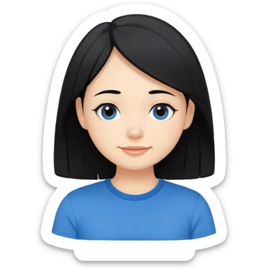 Cute cartoon-style girl portrait, black hair, blue t-shirt, big black eyes, closed mouth,clean bold lines, flat colors, minimal shading sticker