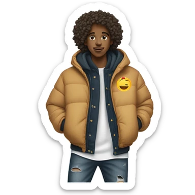 Ein Junge mit locken macht West side Hand zeichnen und trägt ein schwarzen hoodie mit einer Puffer Jacke mit einer baggy Jeans und Nike Schuhe  sticker
