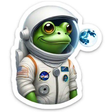 Frog wearing astronaut suit holding the moon sticker