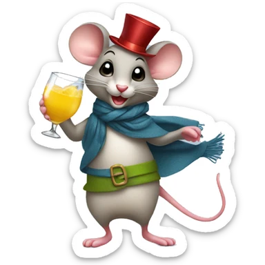 a feminin dancing mouse with a scarf holding a cocktail sticker