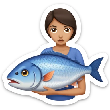 Annoyed Brunette Woman carries huge fish sticker