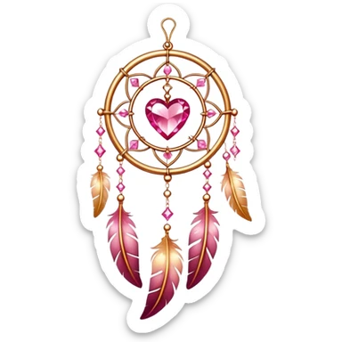Reddish-pinkish and golden warm-colored romantic lush beautiful pretty hanging crystal-catcher aesthetic with hearts and sparkles and feathers sticker