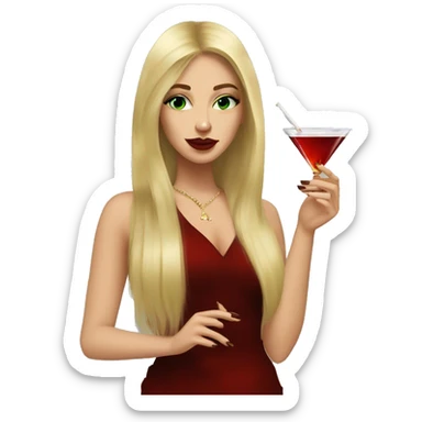 white, honey blonde long hair pretty girl with green eyes, smoking a cigarette and a martini in hand, dark red nails, looking cool  sticker