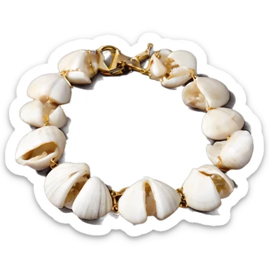 Shell bracelet made out of small white shells linked together with gold chain  sticker