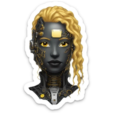 black metal female cyborg head with circuitry and yellow gold curly hair sticker