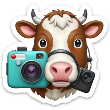 Emoji-style icon showing a cow and buffalo with a camera and image-upload symbol, representing taking a photo or selecting a file for breed detection. Simple, friendly, rounded design, clear at small sizes, teal and white accents, no text, transparent background. sticker