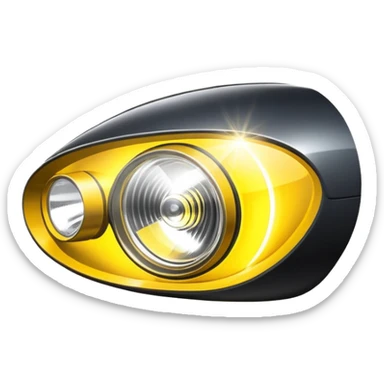 A car headlight, shining brightly with a focused beam of light, cutting through the dark, illuminating the road ahead. The light is intense and clear, often with a white or yellowish glow sticker
