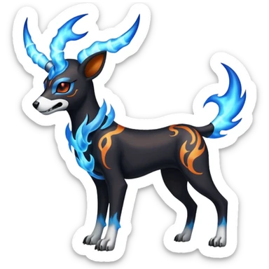 Horned skeletal Fiery black and white blue flames solarpunky elemental colorful hot will-o-wispy Houndoom-Torracat-Genesect-Pokémon-Fakémon-hybrid-creature sticker