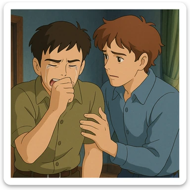 two men, gay couple, breaking up, emotional scene, in ghibli style sticker