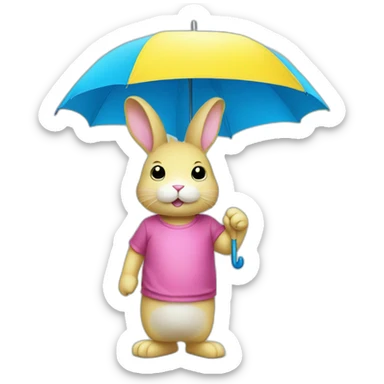 Pink rabbit wearing yellow tee shirt holding blue umbrella sticker