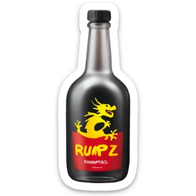 clear alcohol bottle with yellow dragon on a black and red label that says “RUMPZ”  sticker
