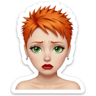 Short spikey Ginger hair, green eyes, black long eye lashes large red lips White woman very sad crying years coming out or eyes sticker