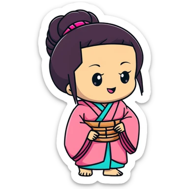 chibi Nezuko with pink kimono and bamboo muzzle in her mouth sticker
