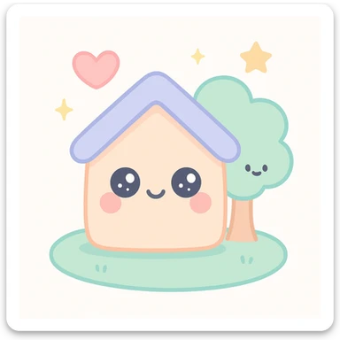 cute house with a tree, green grass, heart above, golden star in the background, kawaii style, symbolizing youth-led community impact and rewards sticker