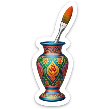 Metal painting icon, fine paintbrush painting a detailed metal statuette or vase with bright, vivid colors, visible strokes and intricate patterns, no finished artwork, just the painting process, minimalistic style, clean lines, transparent background. sticker