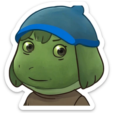 A 9-year-old girl with a bob and blue eyes with a poop hat sticker