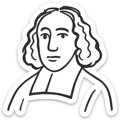 Spinoza as a black outline icon, no fill, hand-drawn look, recognizable philosopher features such as long curly hair and 17th-century collar sticker