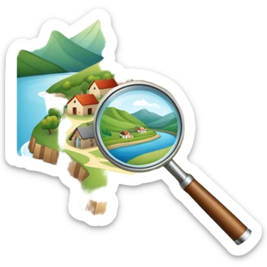 An icon featuring a magnifying glass over a local map, with a small village, traditional house, and natural landmarks like a river and hill, symbolizing local history and geography. Transparent background highlights the study of native land, culture, and heritage. sticker