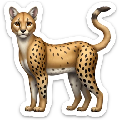 Realistic patterned marked edgy greyish blackish whitish silvery Shiny Colorful Glossy Cougar-Cheetah-Caracal-Lioness-Bobcat-fusion-animal-hybrid-creature, full body, tufted ears, long thin tufted tail sticker