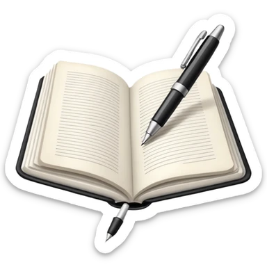 "A white open book,The pen should be positioned as placed exactly in the center between the pages.  if held by a right-handed person - meaning the direction is reversed compared to a left-handed grip. The pen should be uncapped, and the cap placed behind it." sticker