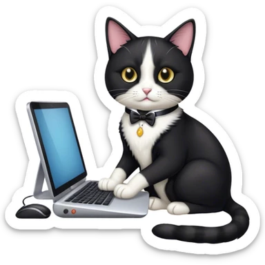 a tuxedo cat work on a computer sticker