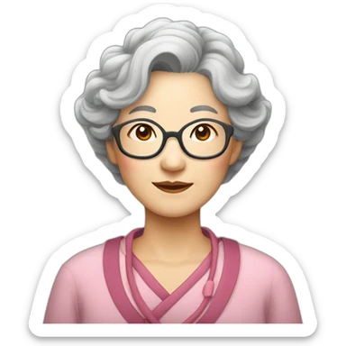 Chinese senior lady where glasses have wavy hair up to the shoulder lightly gray lightly very lightly gray hair and where Chinese style close sticker