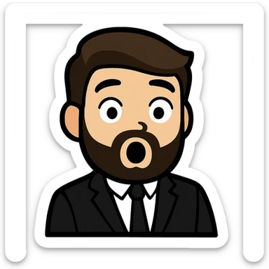 Create a simplified, vector-style Twitch emoji version of the person in the photo. Focus on the face and upper torso, dressed in a suit, with a surprised expression. Background should be transparent and the style should be clean and minimalistic, suitable for Twitch emoji use. sticker
