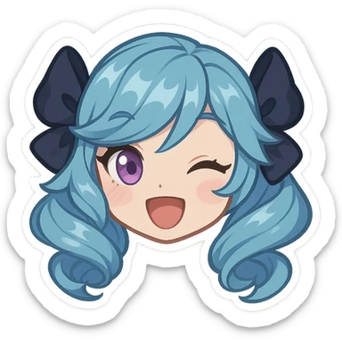 Gwen from League of Legends, happy expression, head only, right eye is purple, chibi style, open mouth smile sticker