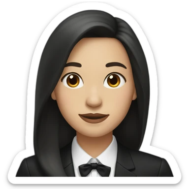 Brunette Woman with a long and straight hair wearing black suit with a black bow tie sticker