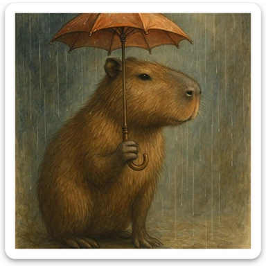 capybara holding a tiny umbrella in the rain, style 1, detailed, artistic sticker
