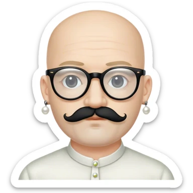 Bald man with pale skin wearing black glasses and pearl earrings with a small black mustache and a thin black beard  sticker