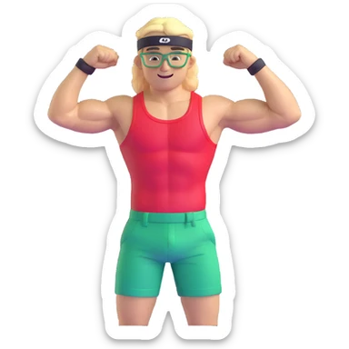 Man with black and white cap, bare muscular torso, red shorts, clear glasses, messy light blond mullet hairstyle, flexing and smiling sticker