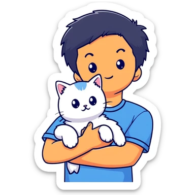 teenage boy with black hair wearing blue short sleeve shirt holding a white ragdoll cat sticker