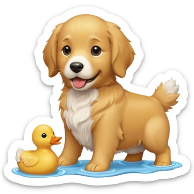 Golden retriever dog with a toy duck sticker