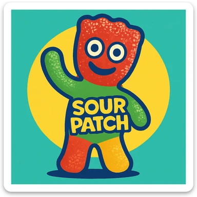 a sour patch kid mascot waving, colorful, energetic, simple background sticker