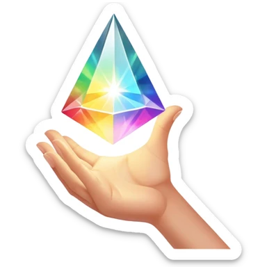 Pov white tone skin hand holding a glowing prism refracting light.  Only the hand should be displayed, nothing else.  sticker