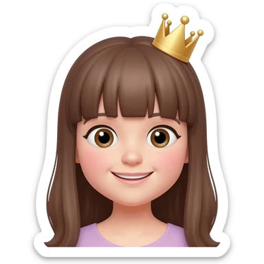 Cute emoji girl with princess vibes, fair skin, long straight brown hair with bangs, small crown, sweet smile, big emoji eyes, kawaii style, soft pastel colors, transparent background. sticker