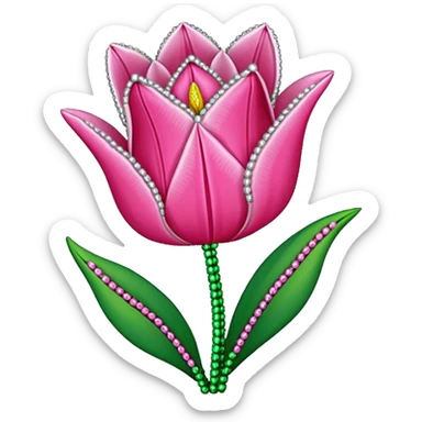 french beaded pink tulip flower with 2 leaves, handmade with glass beads, no background sticker