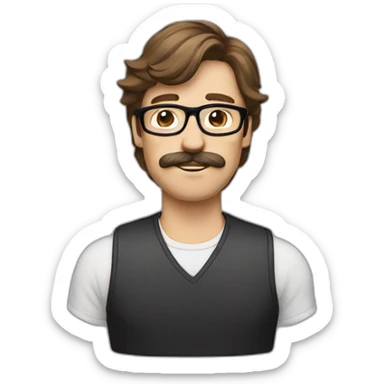 guy with brown hair mullet mustache and glasses sticker