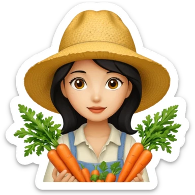 girl with black hair and a sunhat holding carrots sticker